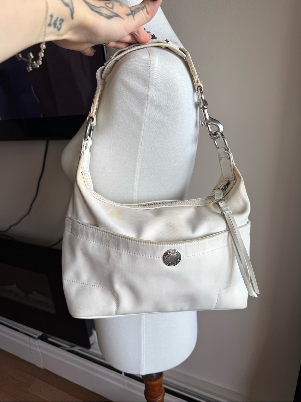 Coach White Leather Shoulder Bag with Silver Hardware